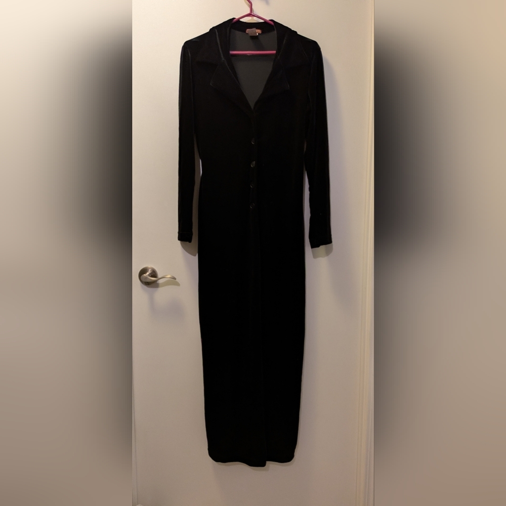 Georgette Long Velvet Four-button Coat Party Holiday Overcoat Black Size Large